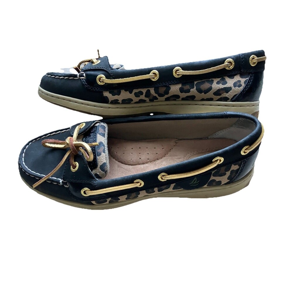 Sperry Top Sider Boat Shoes Leather Size 7.5M Black With Leopard Print Preppy